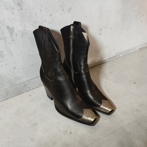 Black Leather Ankle Boots with Silver Accents